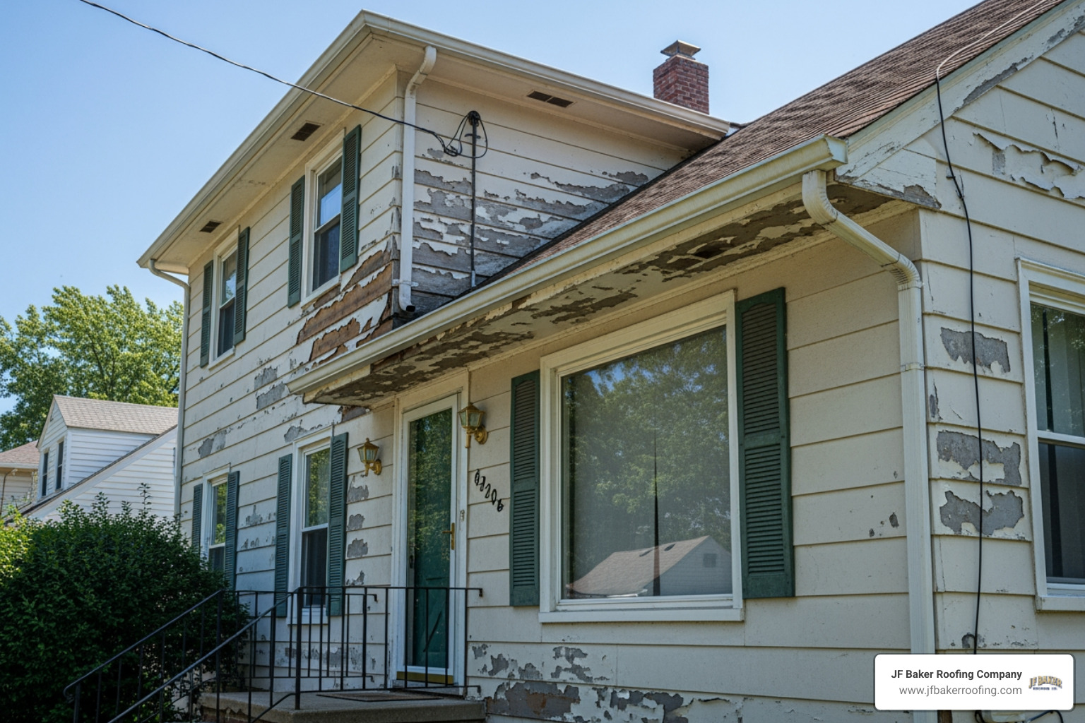 A home showing sagging gutters and peeling paint on the siding - gutter repair near me within 20 mi A home showing sagging gutters and peeling paint on the siding - gutter repair near me within 20 mi