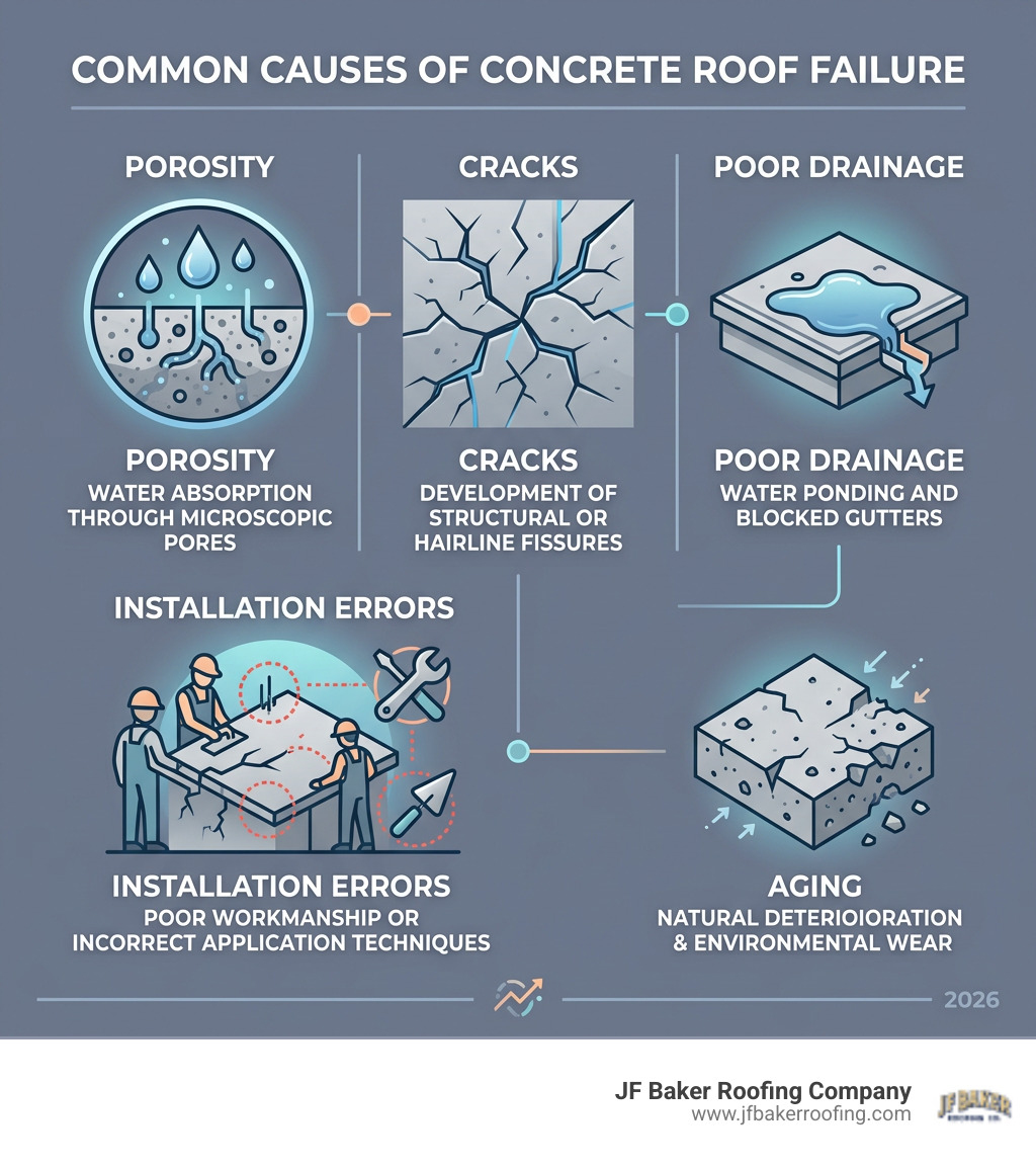 Common causes of concrete roof failure: porosity, cracks, poor drainage, installation errors, aging - concrete roof leakage Common causes of concrete roof failure: porosity, cracks, poor drainage, installation errors, aging - concrete roof leakage