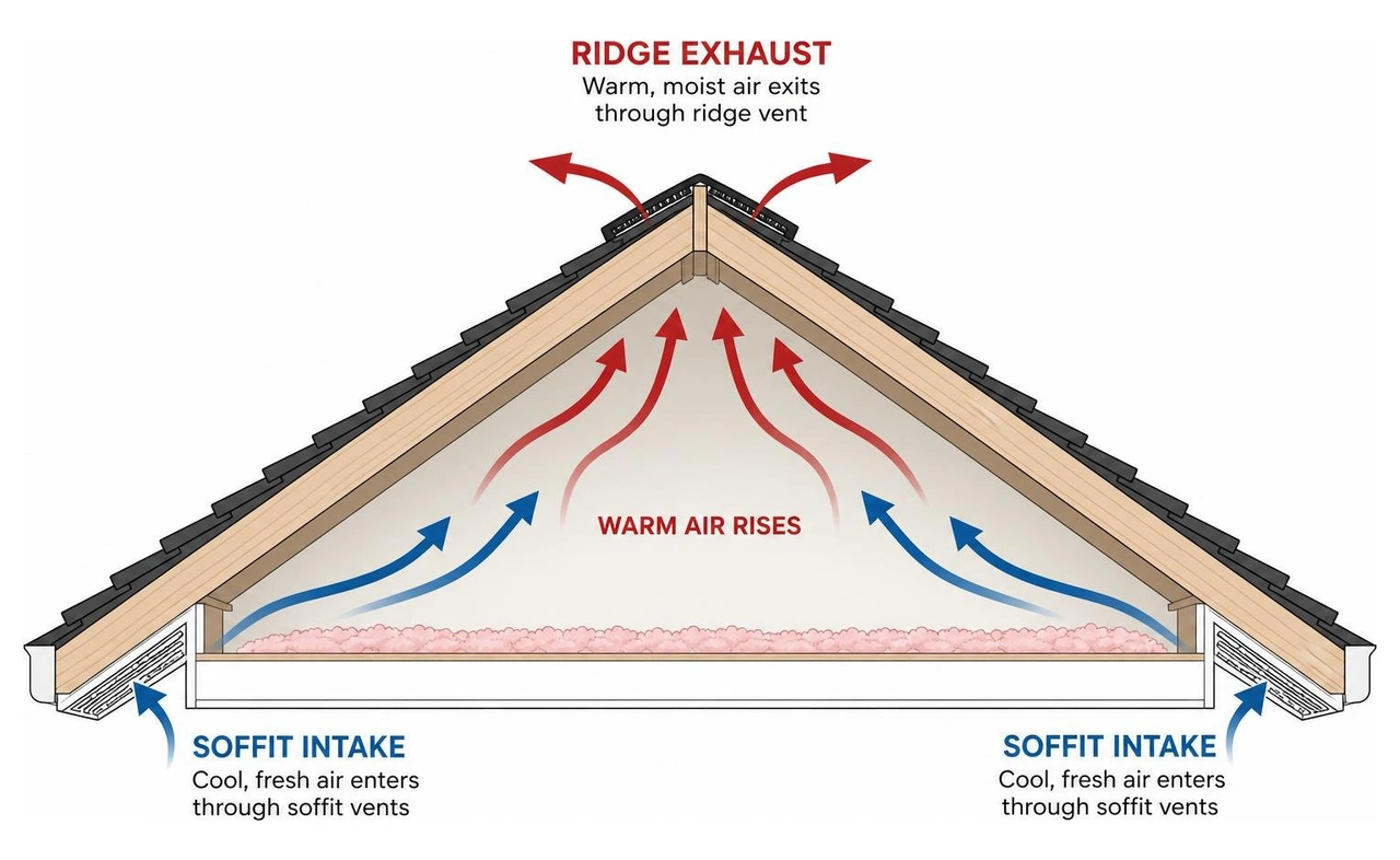 proper attic airflow showing soffit intake and ridge exhaust