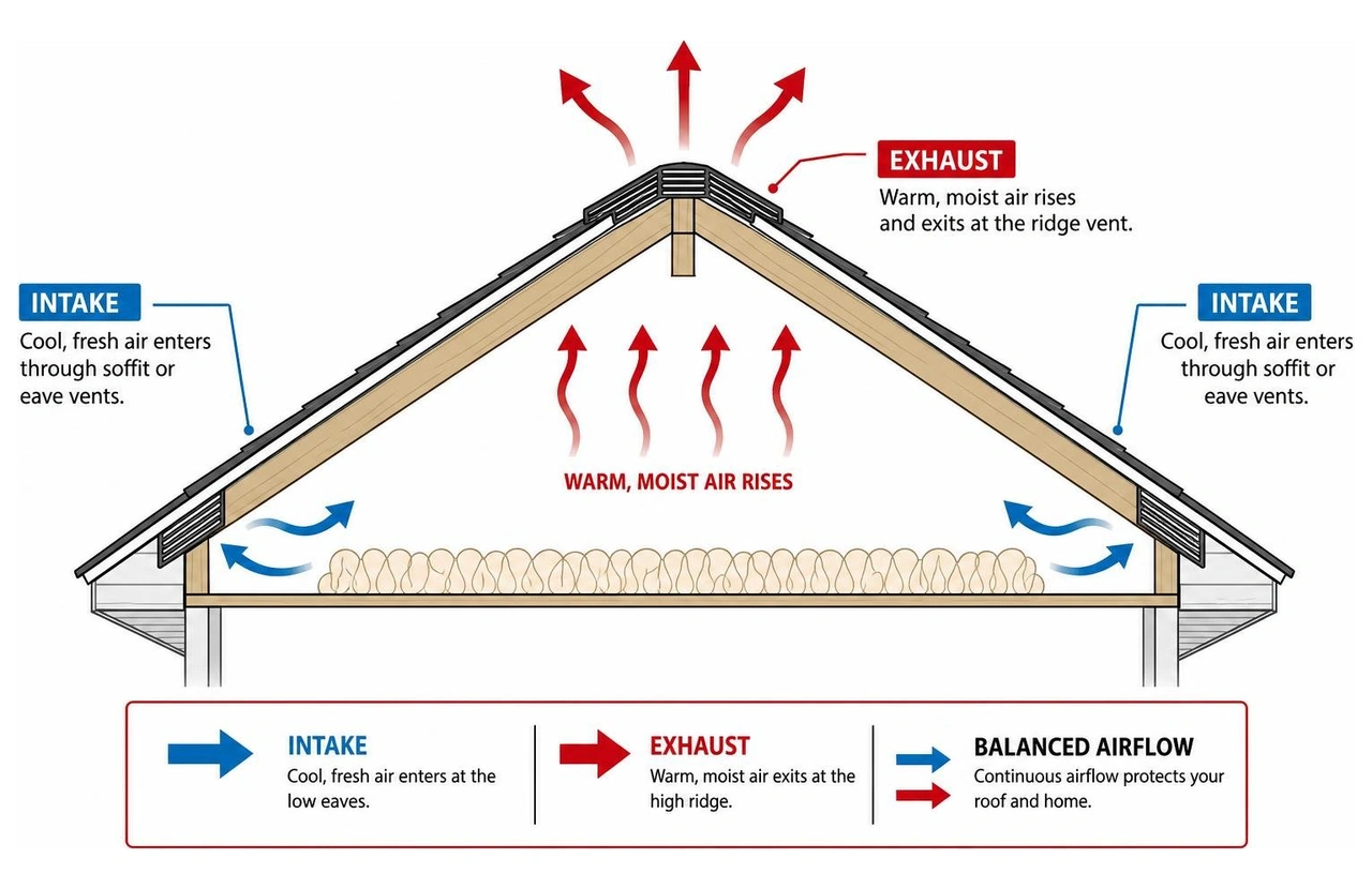 diagram of balanced attic airflow showing intake and exhaust diagram of balanced attic airflow showing intake and exhaust