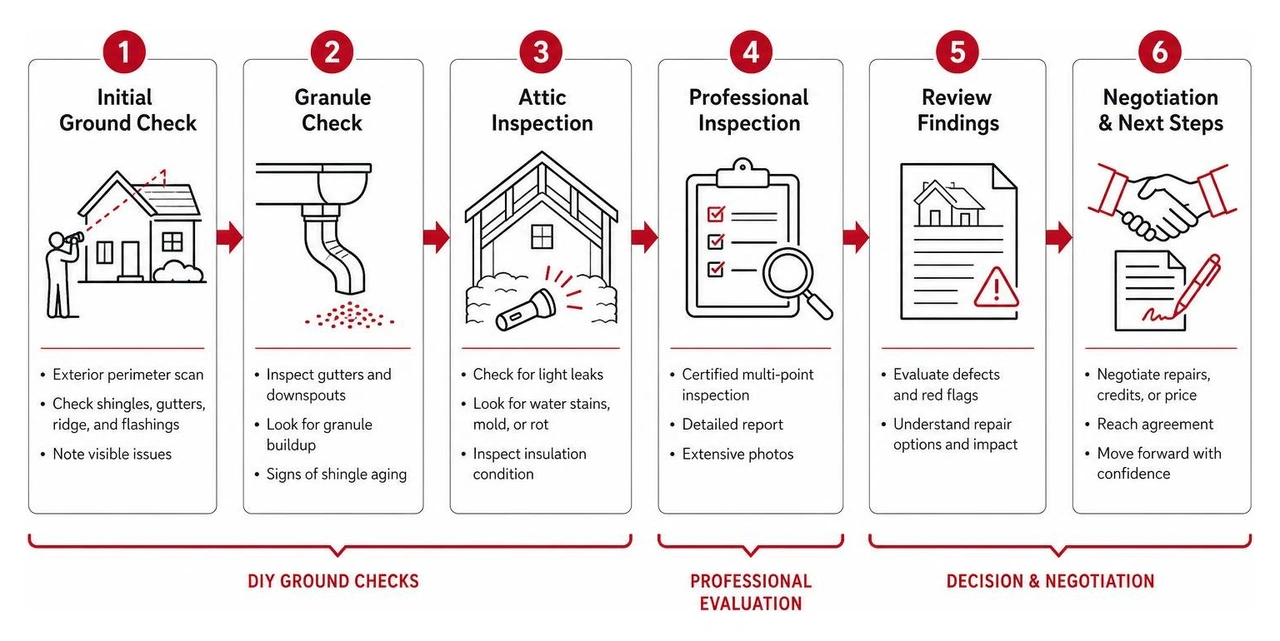 Roof inspection workflow from initial ground check to negotiation Roof inspection workflow from initial ground check to negotiation