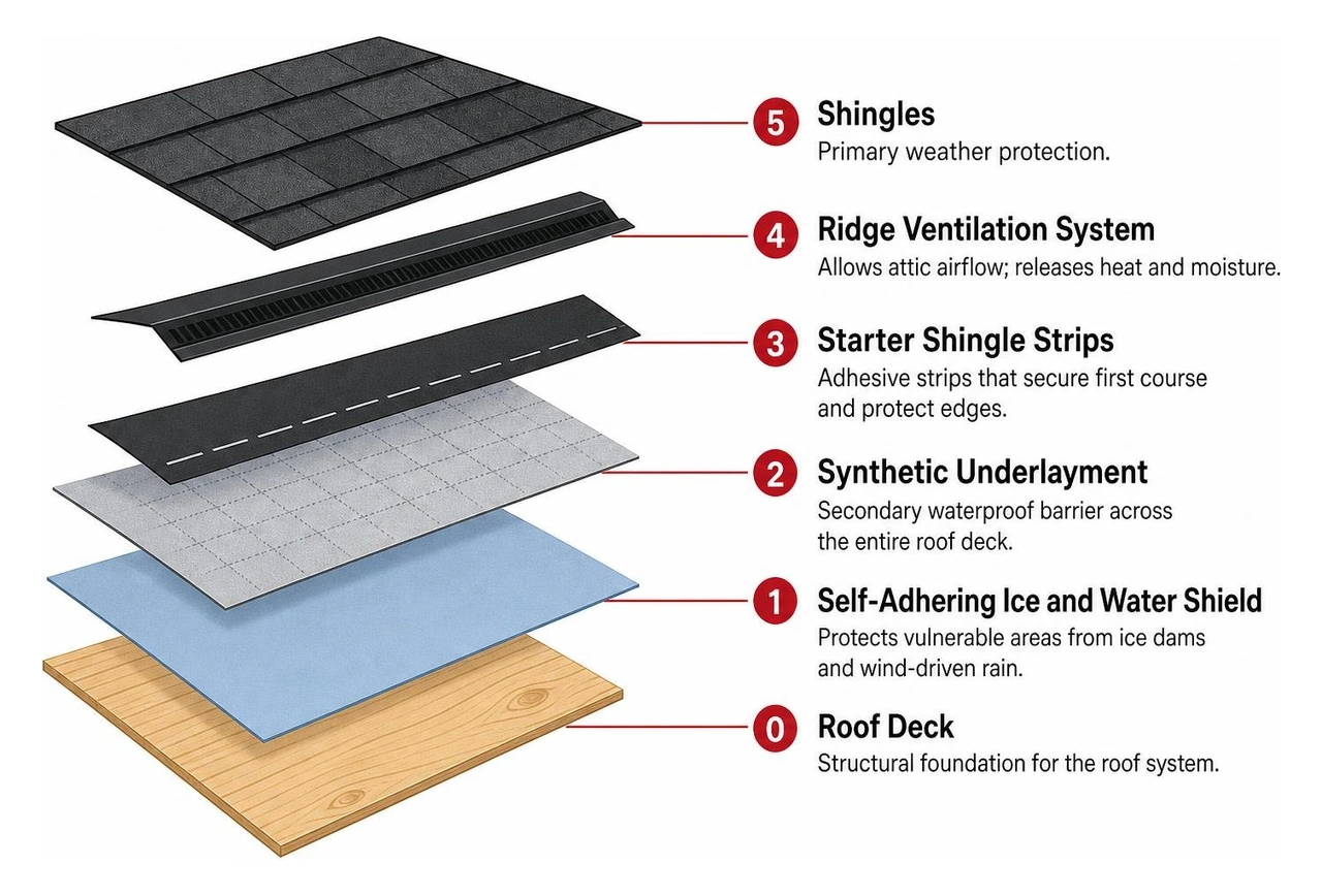 Roof layer assembly from deck to shingle