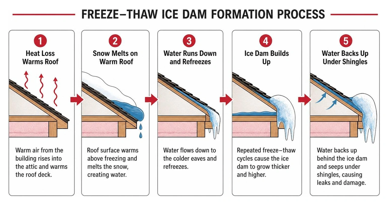 Freeze thaw ice dam formation process