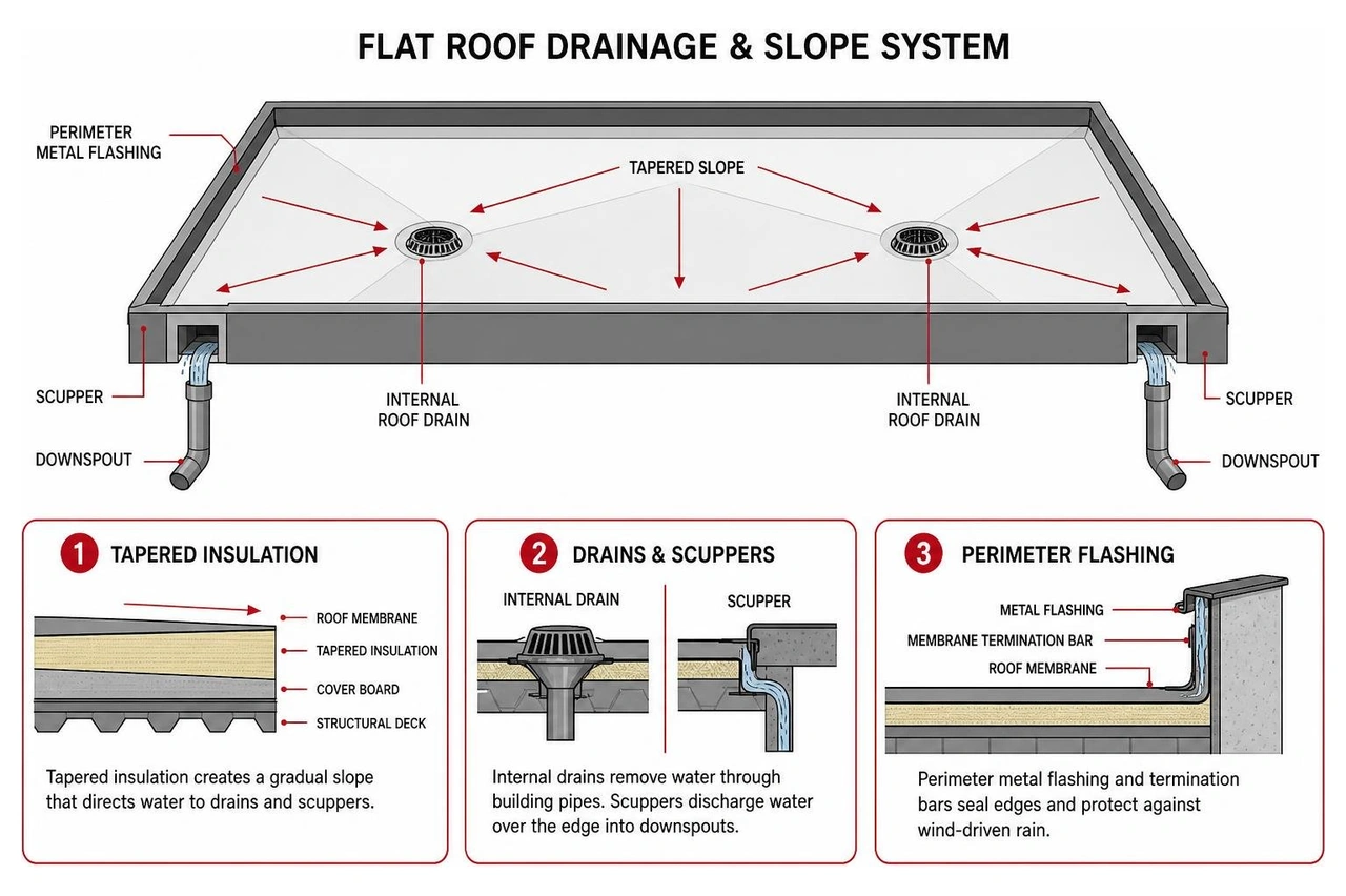flat roof drainage and slope system