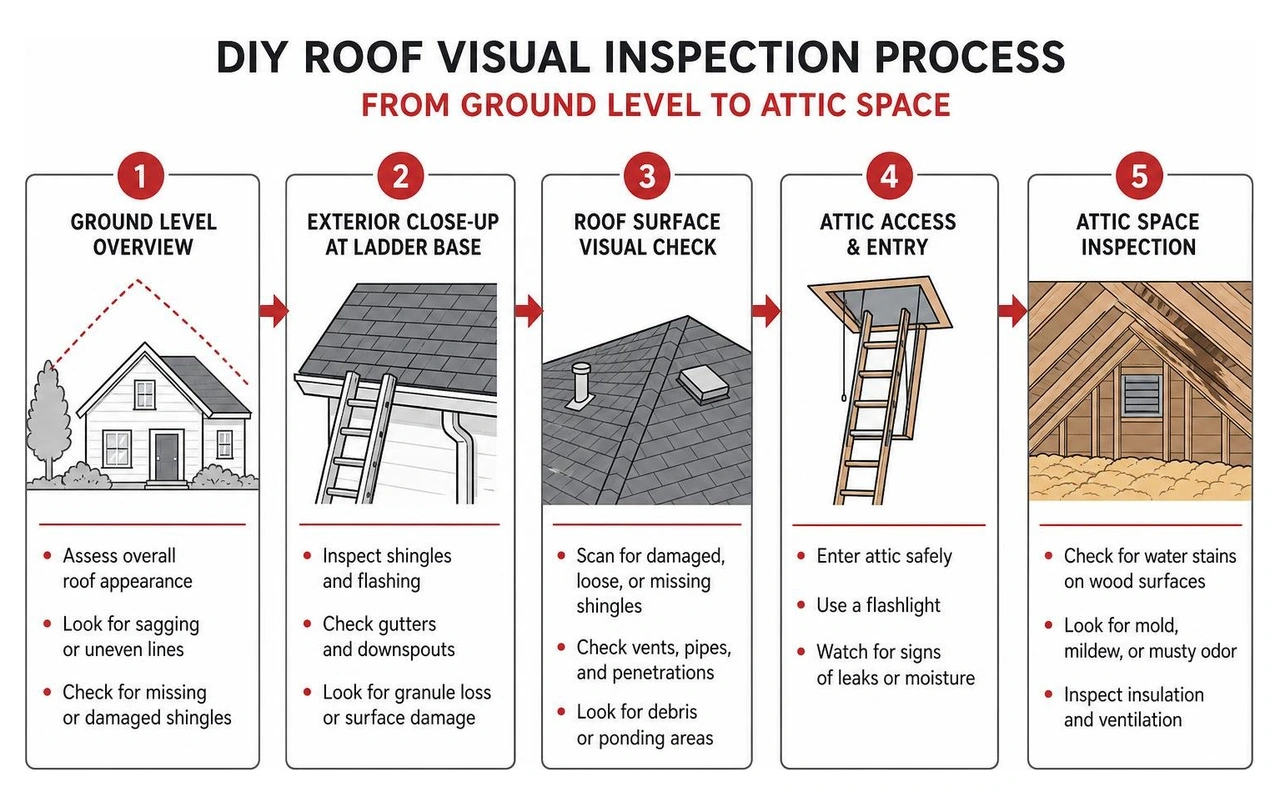 DIY roof visual inspection process from ground level to attic space DIY roof visual inspection process from ground level to attic space