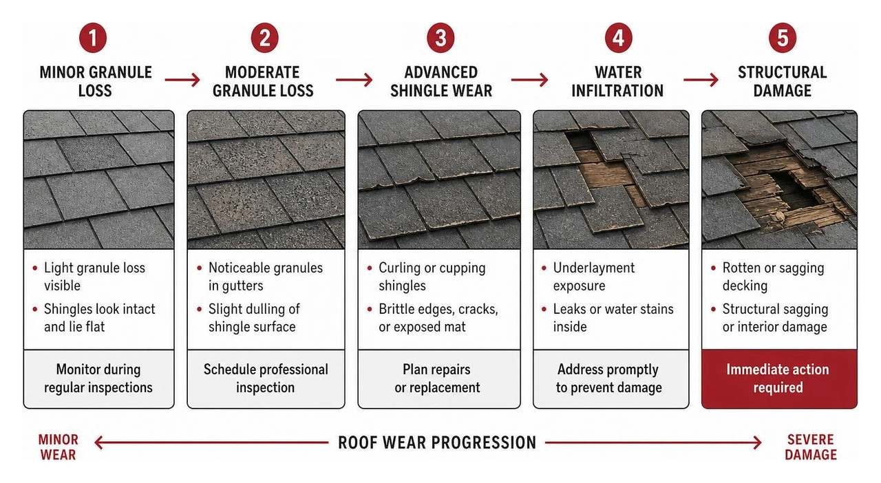 Roof wear progression from minor granule loss to structural damage Roof wear progression from minor granule loss to structural damage