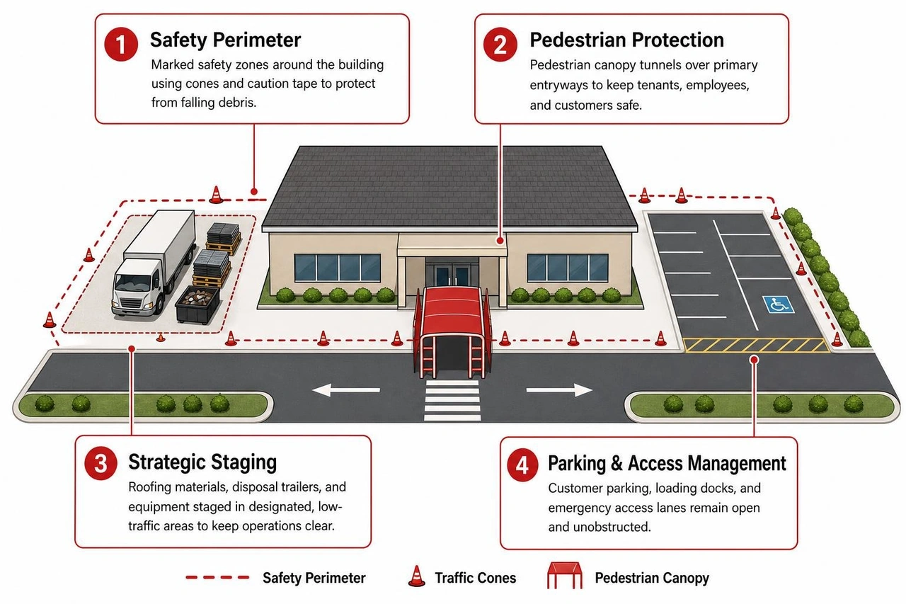 commercial site safety and traffic management setup around building perimeter