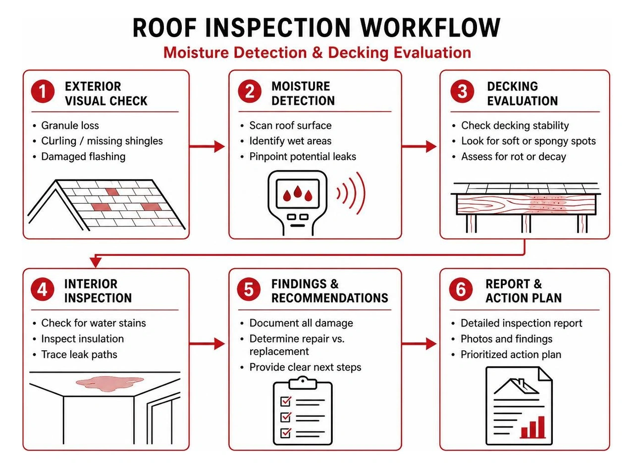 roof inspection workflow showing moisture detection and decking evaluation