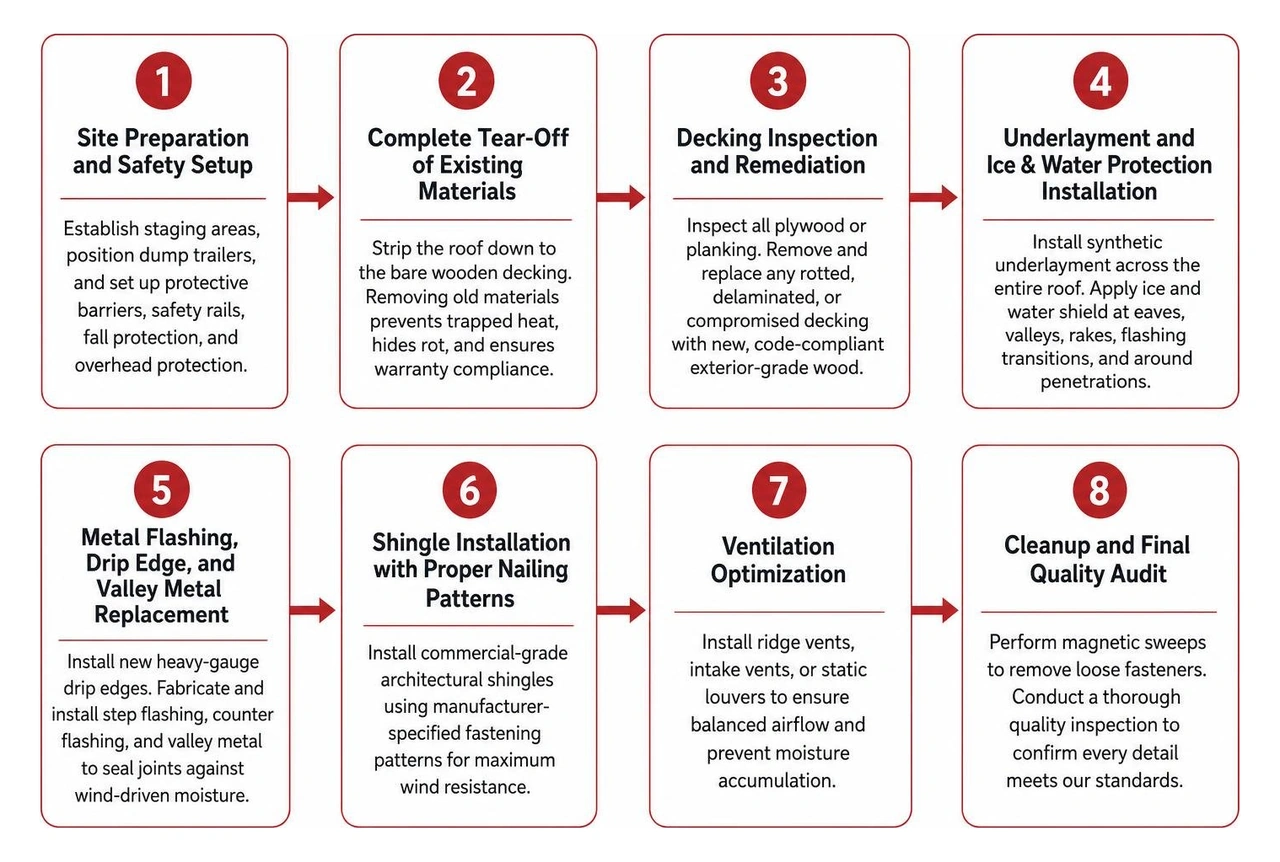 commercial roof replacement process sequence from inspection to final cleanup
