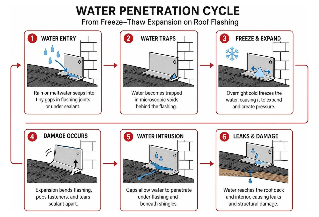 diagram showing the water penetration cycle from freeze thaw expansion on roof flashing diagram showing the water penetration cycle from freeze thaw expansion on roof flashing
