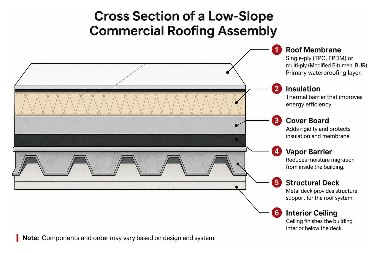 cross section of a low-slope commercial roofing assembly cross section of a low-slope commercial roofing assembly