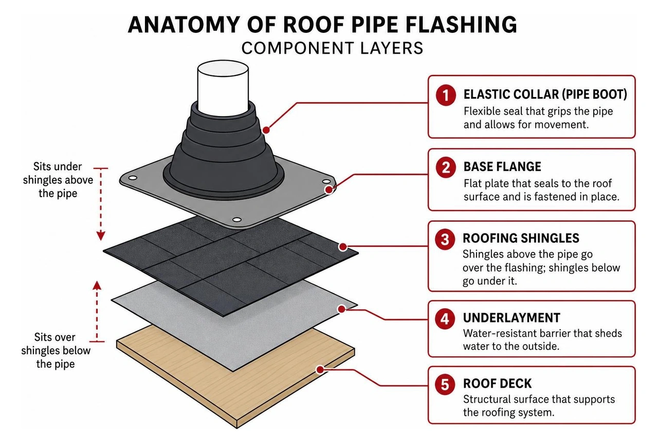 anatomy of roof pipe flashing component layers