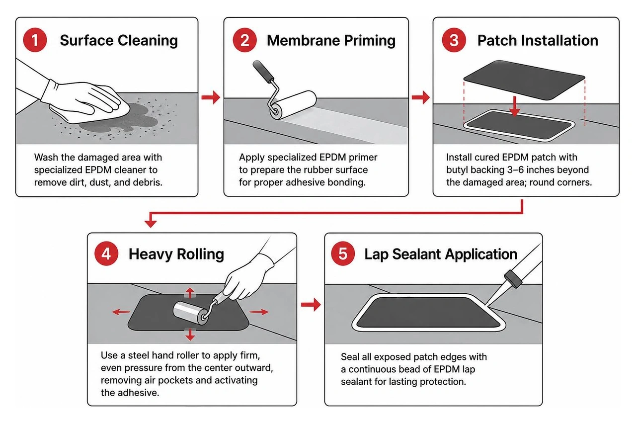 Step-by-step EPDM rubber roof repair process Step-by-step EPDM rubber roof repair process