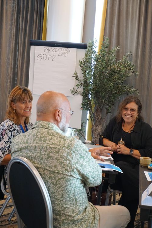 Tre personer sitter runt ett bord i ett mötesrum med en whiteboard bakom dem som har orden 'PARKERINGSLAPP GDPR' skrivna på sig.
