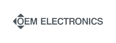 OEM Electronics företagslogotyp med bokstäver i grått och diamantformad ikon.