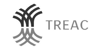 TREAC företagslogotyp med abstrakt svart och grå flätad design.