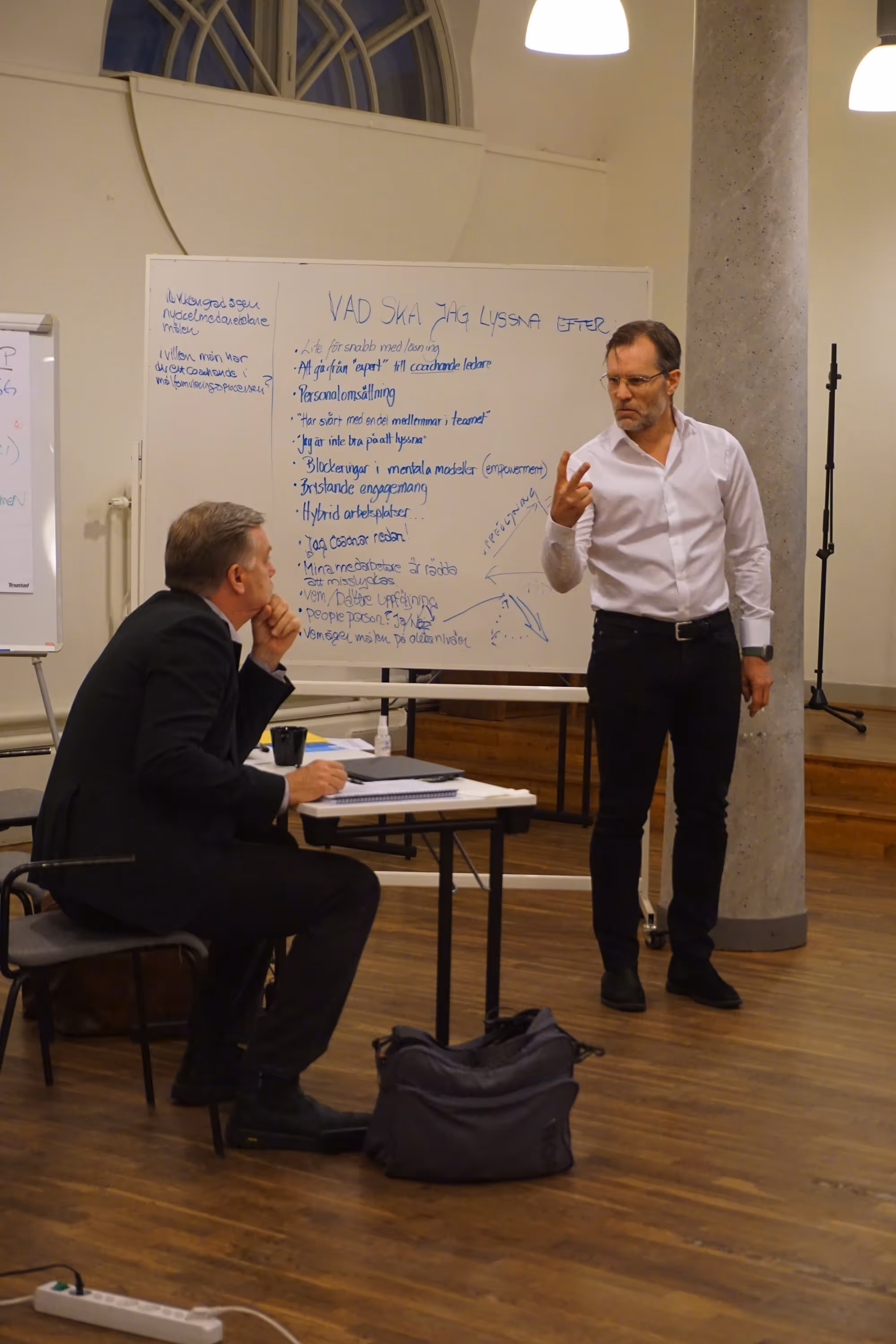 Man i vit skjorta står och pekar med fingrarna medan en annan man i svart kostym sitter vid ett bord och lyssnar under en presentation med en whiteboard fylld med handskrivna anteckningar på svenska i ett konferensrum.