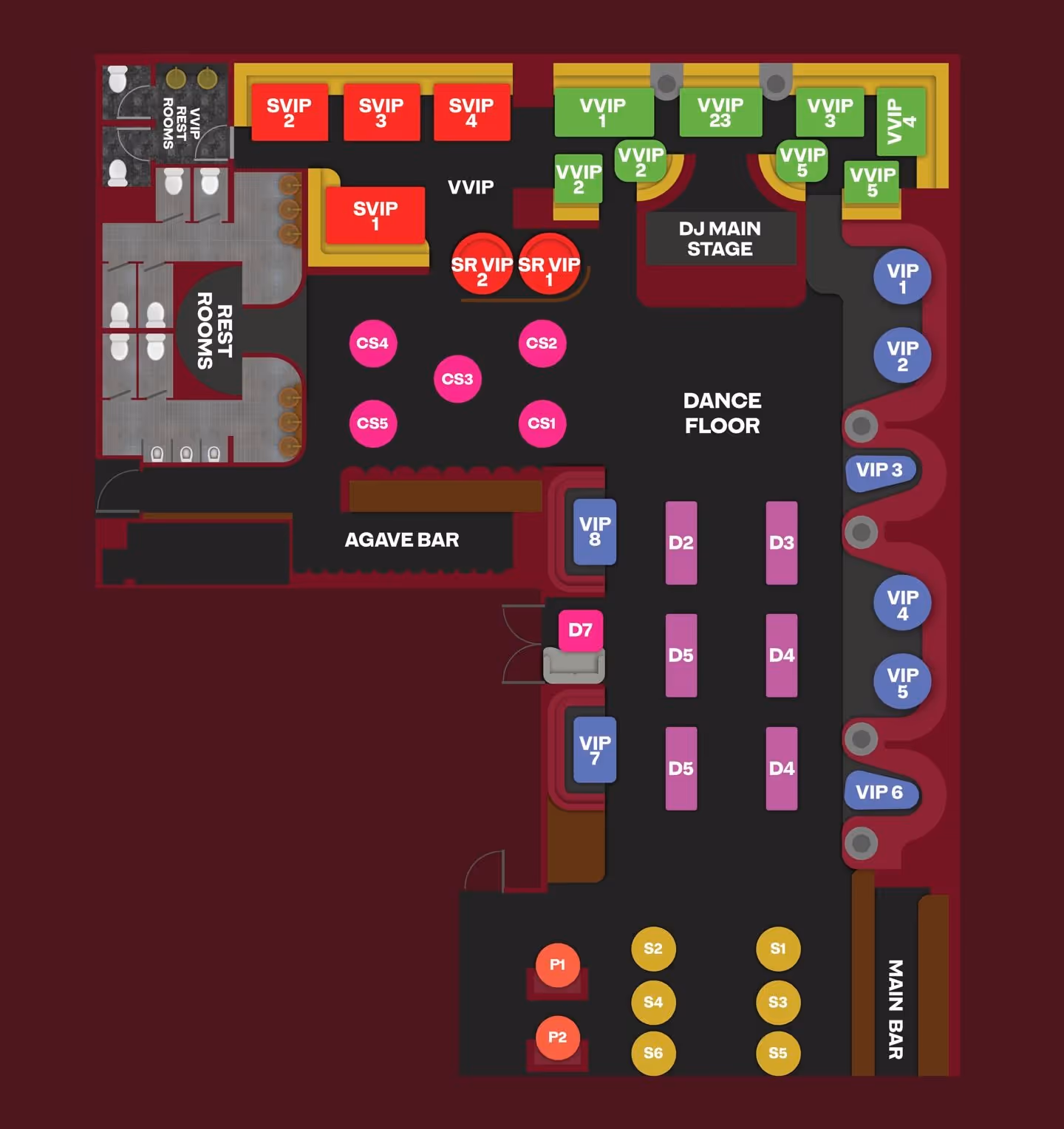 Floor plan of a nightclub featuring DJ main stage, dance floor, Agave bar, main bar, VIP areas, SVIP areas, VVIP areas, CS and D labeled seating, restrooms, and various seating clusters.