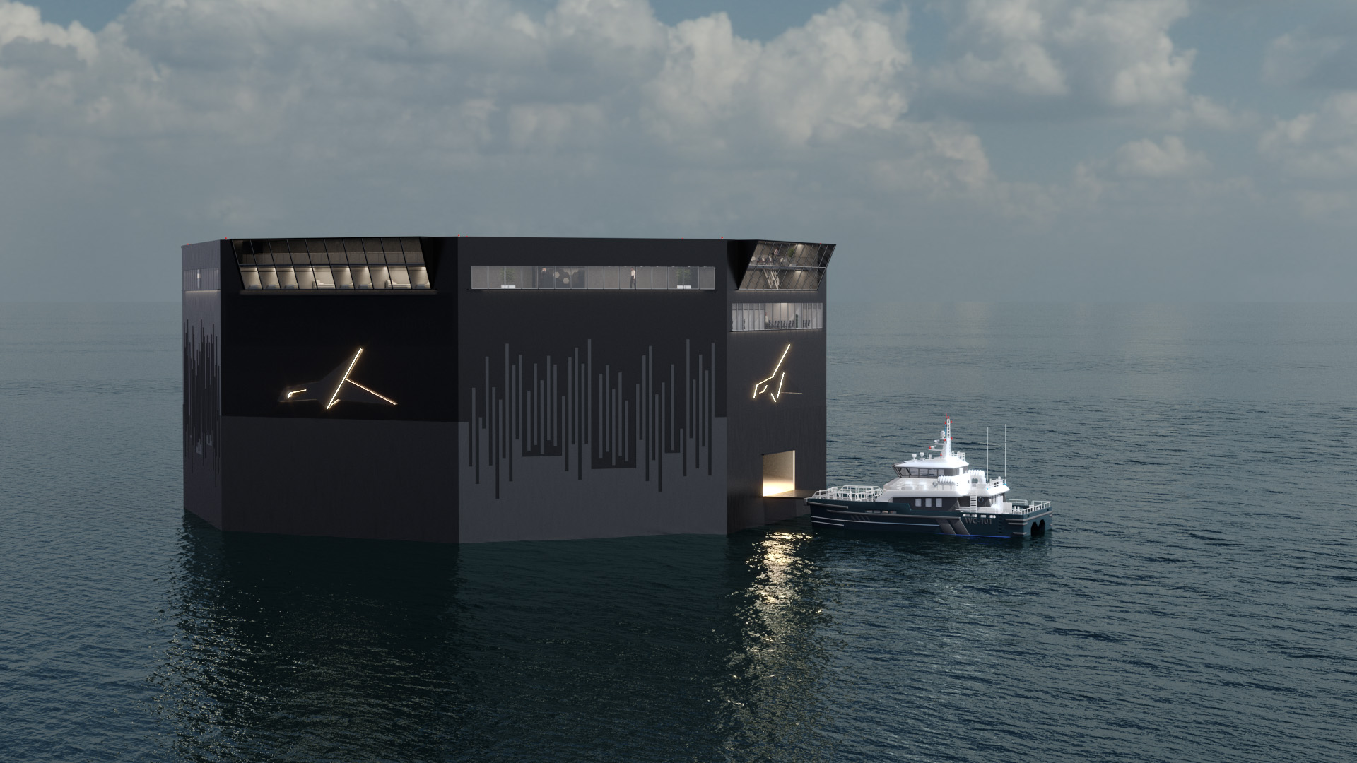 image of a modern eco-friendly building with integrated renewable energy systems