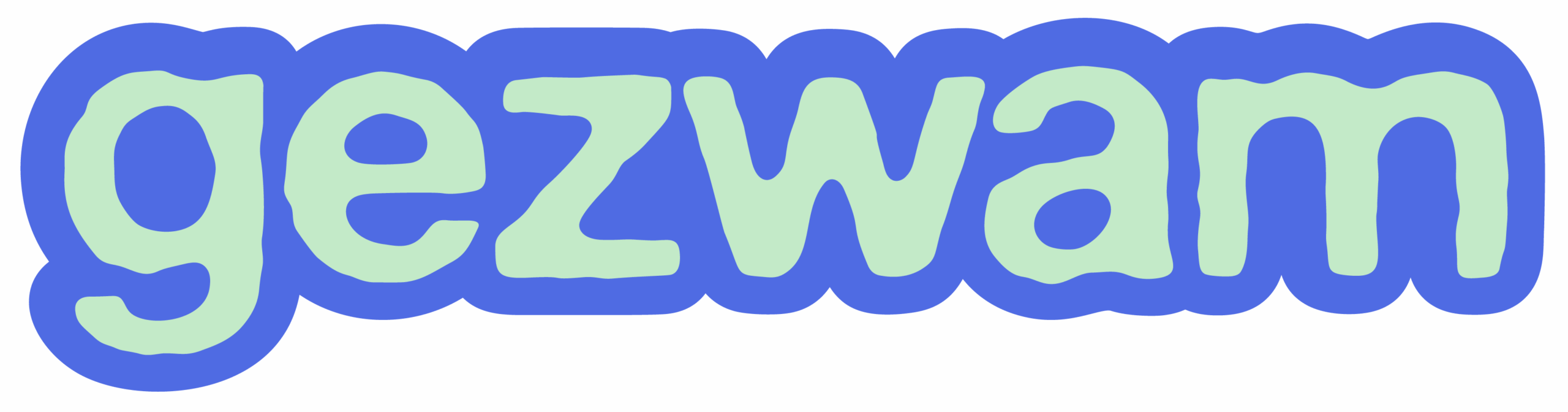 Text logo reading 'gezwam' with light green letters and a blue outline.