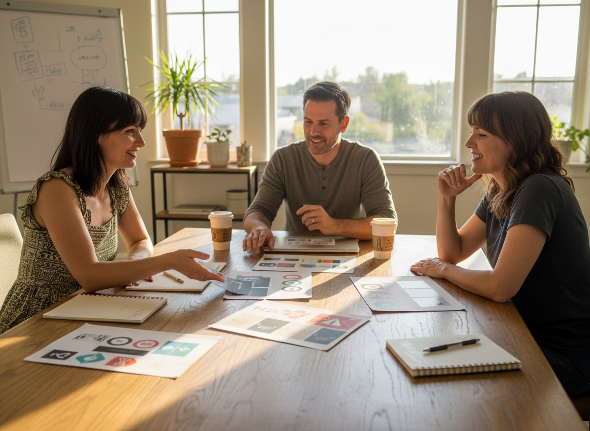 Three colleagues smiling and discussing design documents around a sunlit wooden table in a modern office.