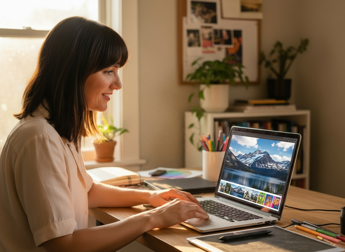 Woman working on a laptop at a desk showing mountain landscape photos on screen in a bright room.