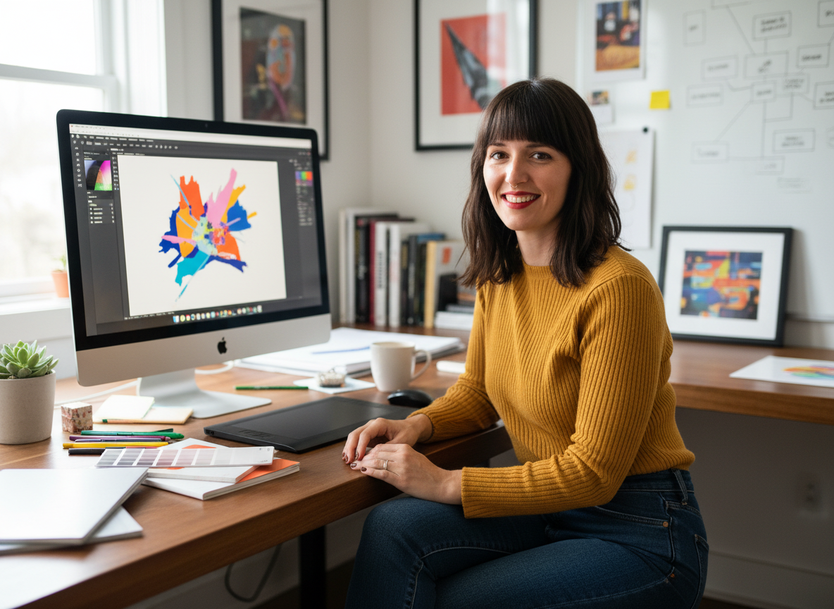 Smiling woman in a mustard sweater sitting at a desk with a computer displaying colorful abstract art.