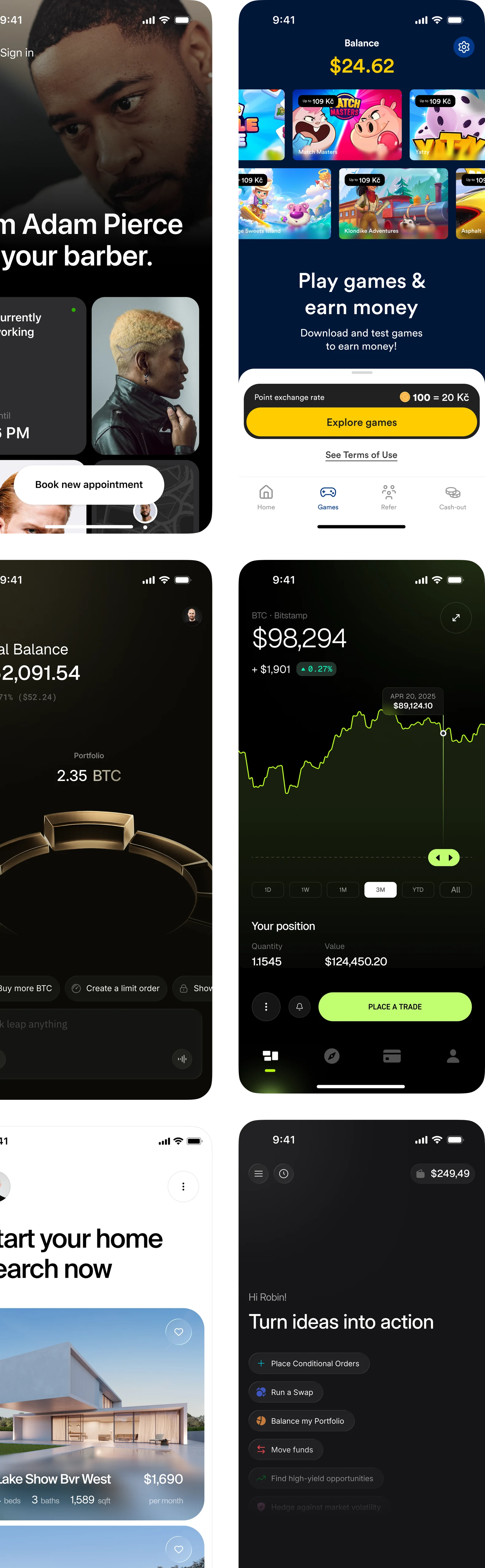 Mobile app designs by rh.design: barber booking, games rewards, crypto wallet, trading and real estate apps