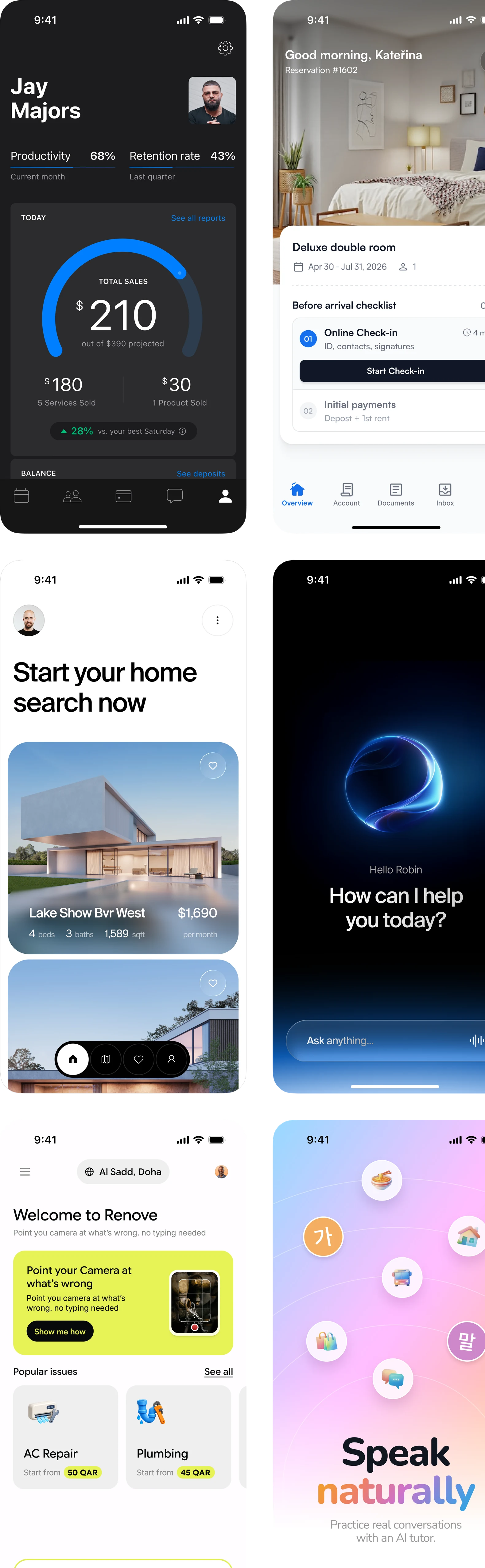 Mobile app designs by rh.design: salon dashboard, hotel check-in, AI assistant, home services and language learning apps