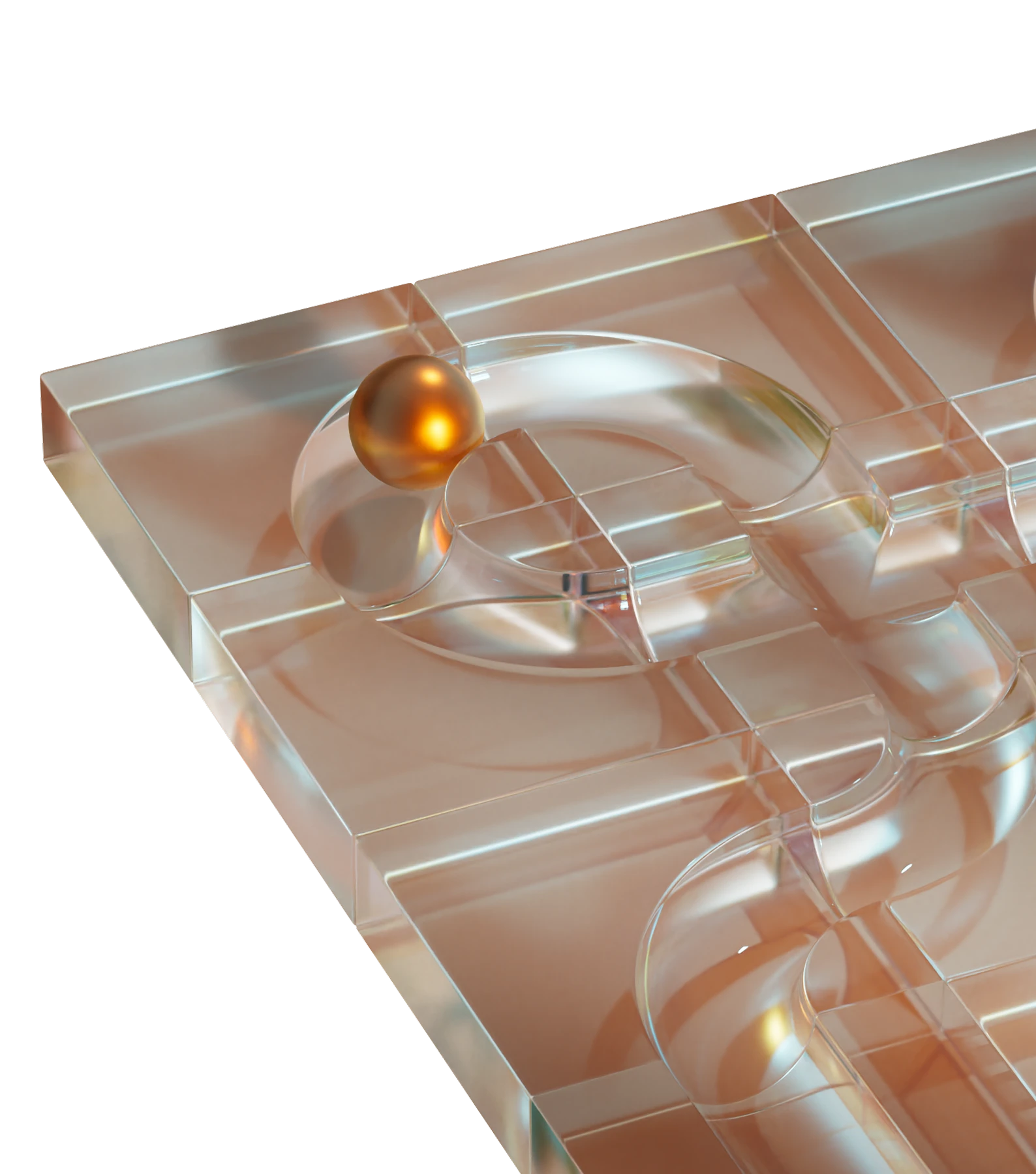 Close-up of a transparent glass maze with a single shiny golden ball inside the path.