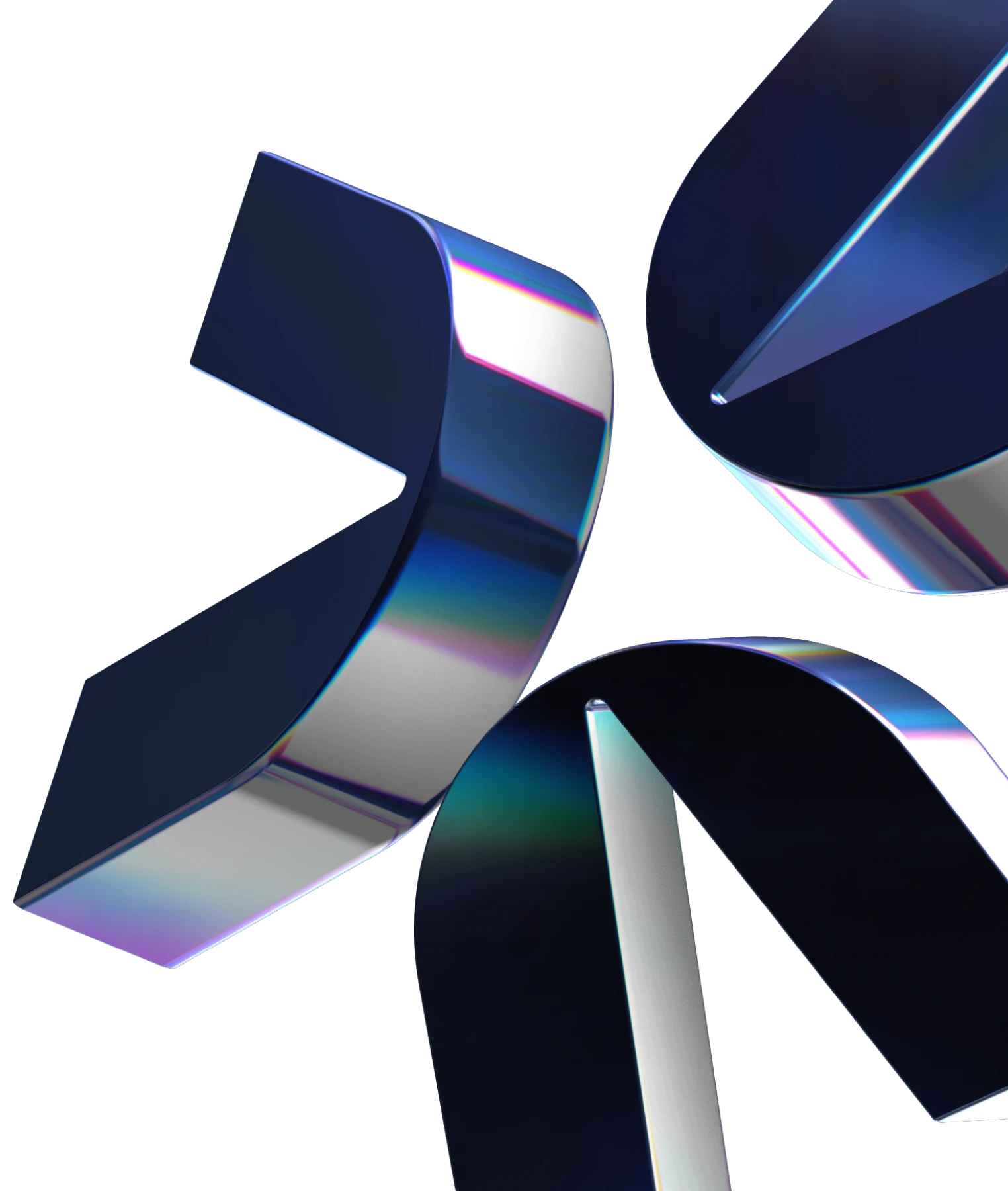 Close-up of three glossy, metallic, abstract shapes on a black background with blue and purple reflections.
