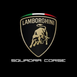 Lamborghini logo with a golden bull inside a black shield and Italian flag colors on top.