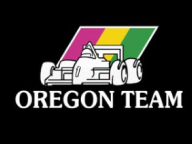 White graphic of a sprint car with a rear wing, positioned in front of three diagonal stripes in pink, yellow, and green, above the text OREGON TEAM on a black background.
