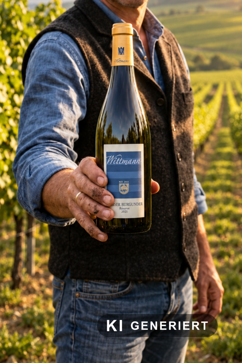 Output: dieselbe Flasche in einer Weinberg-Szene, KI-generiert