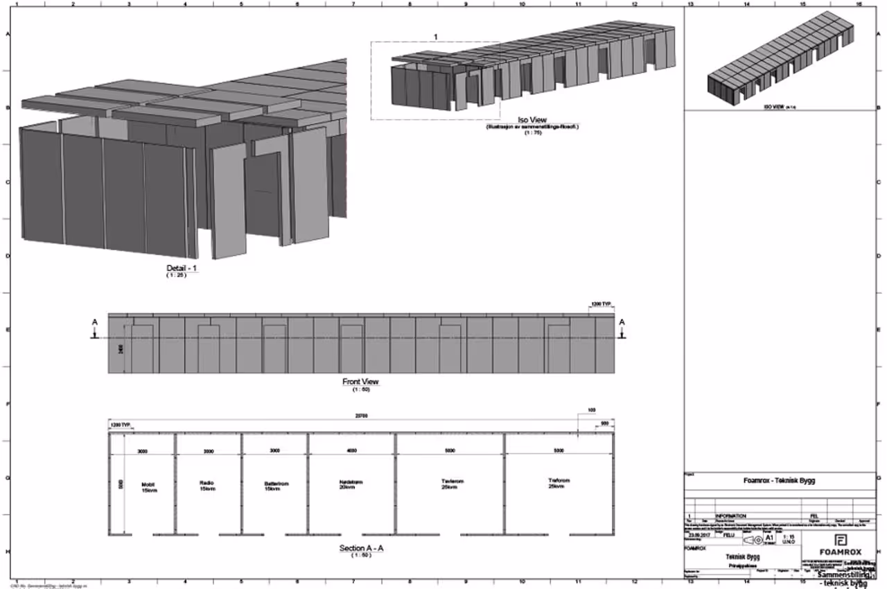 Teknisk tegning med isometriske og frontale visninger av et bygg med mål og romnavn som Mobil, Radio, Batterirom, Nedkjøling, Tavlerom, og Transformator, inkludert seksjonsdetaljer.