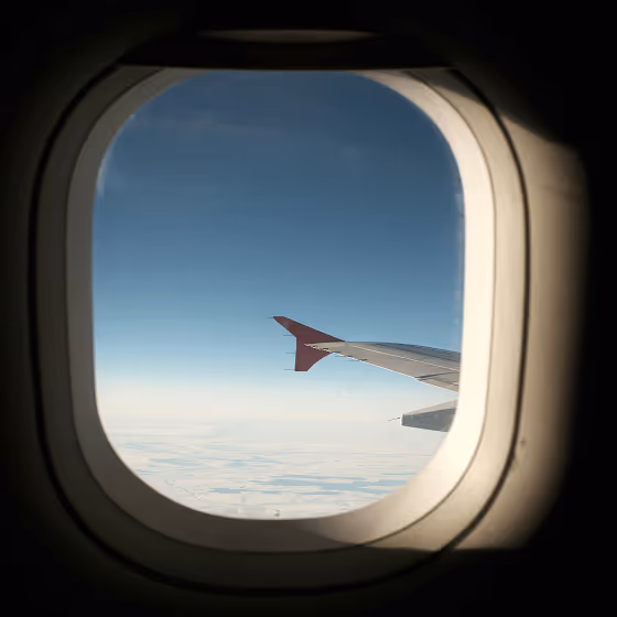 The plane's wing is visible through the window.