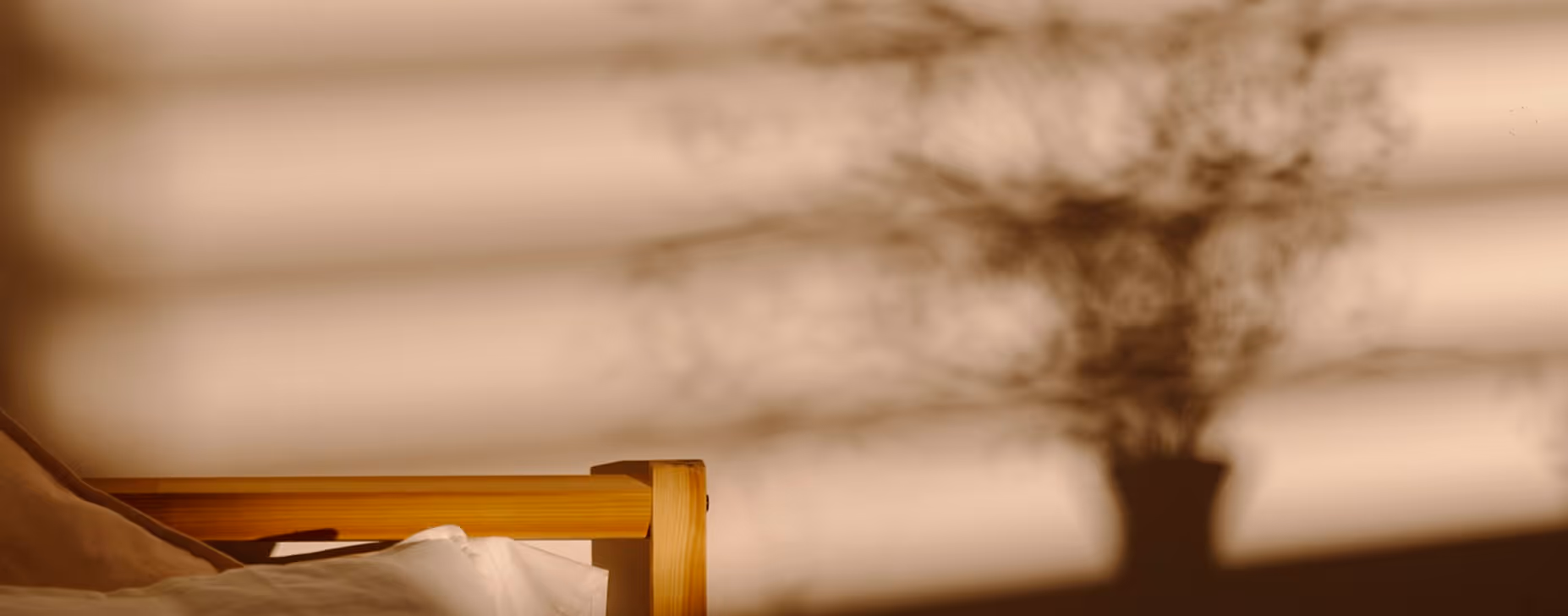 Shadow of a plant in a pot cast on a beige wall behind a wooden bed frame and white pillow.