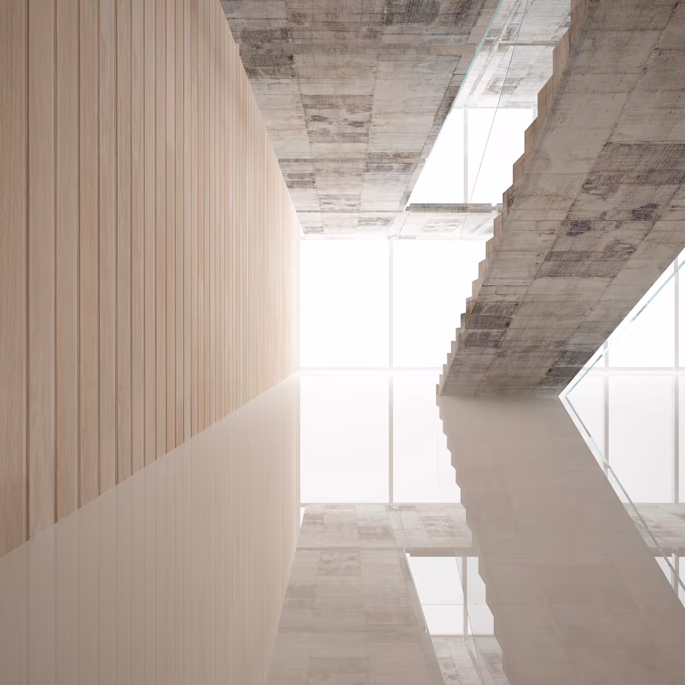 Modern interior with floating concrete stairs, wooden wall, and large bright windows reflecting on polished floor.