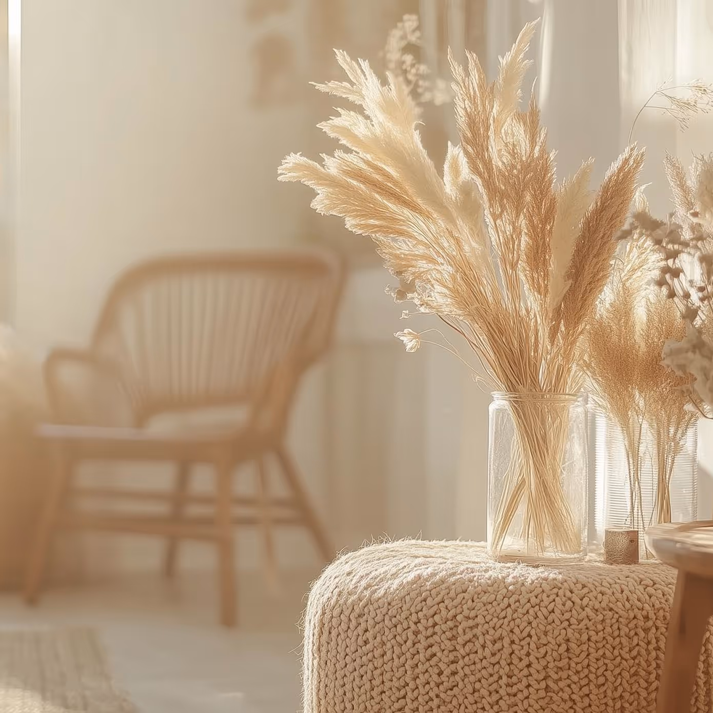 Dried pampas grass in glass vases on knitted beige ottoman by wooden chair in sunlight.