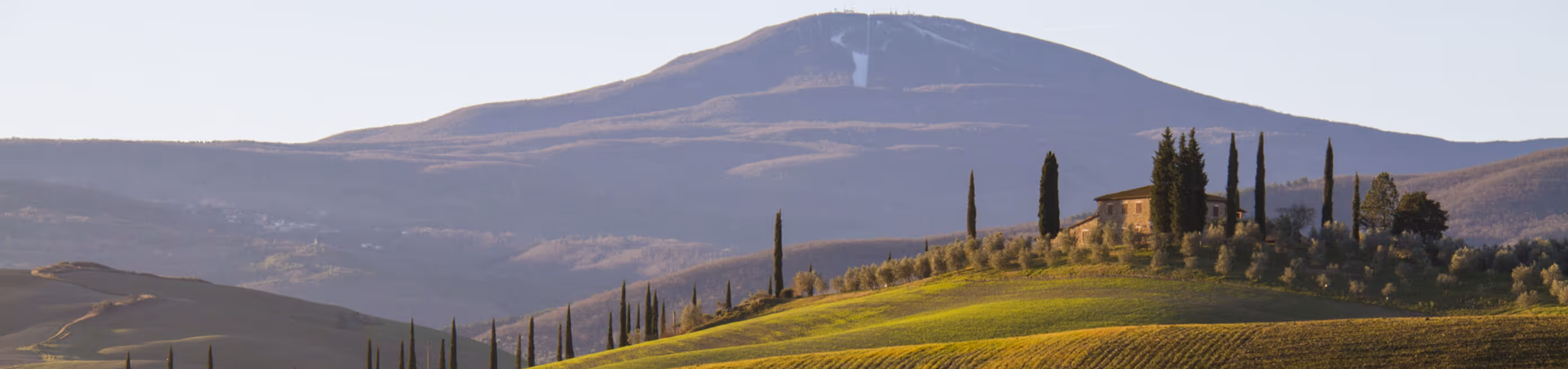 Hills with tall cypress trees and a farmhouse in front of a large mountain under clear sky.