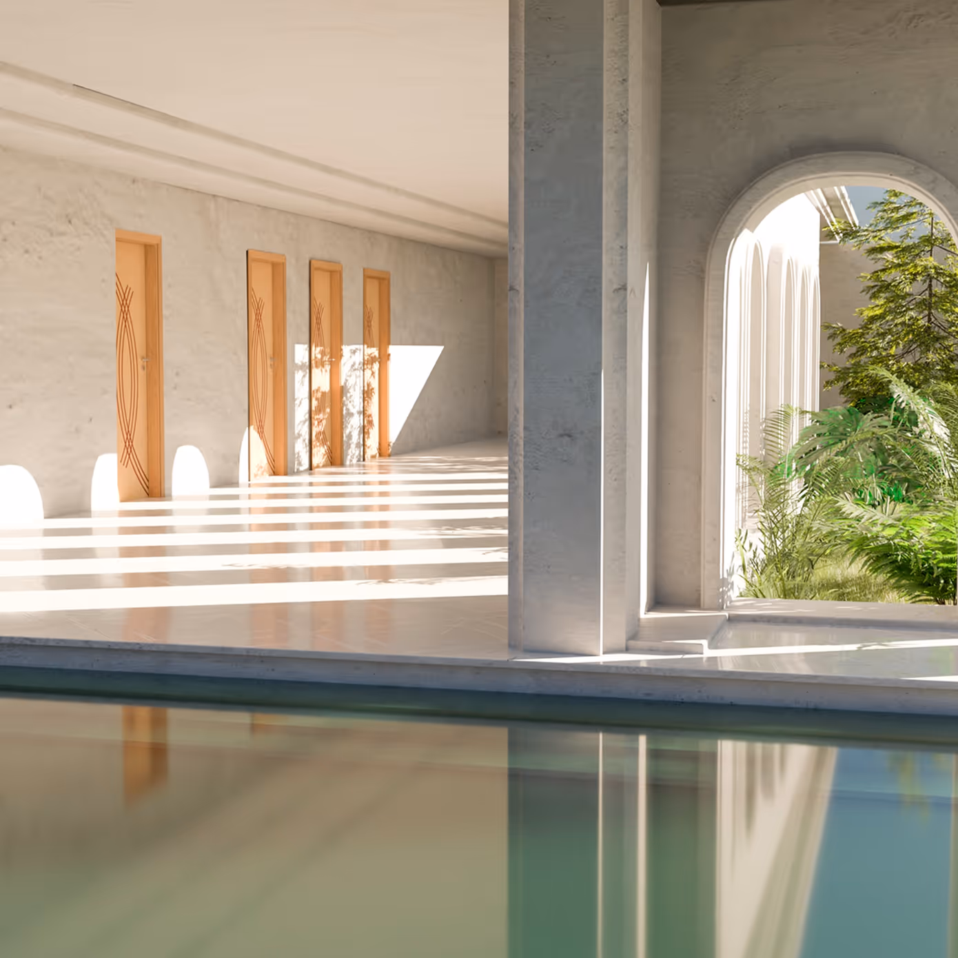 Indoor pool area with archways, sunlight casting shadows, wooden doors, and plants outside.