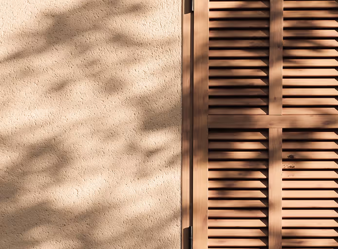 Sunlight casts leafy shadows on a beige textured wall next to closed brown wooden shutters.