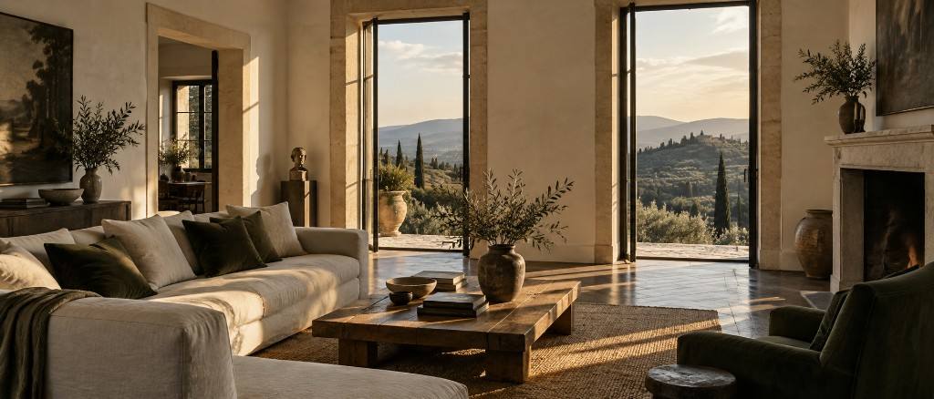 A completed Vita Homes interior: afternoon light, limestone openings, olive groves beyond