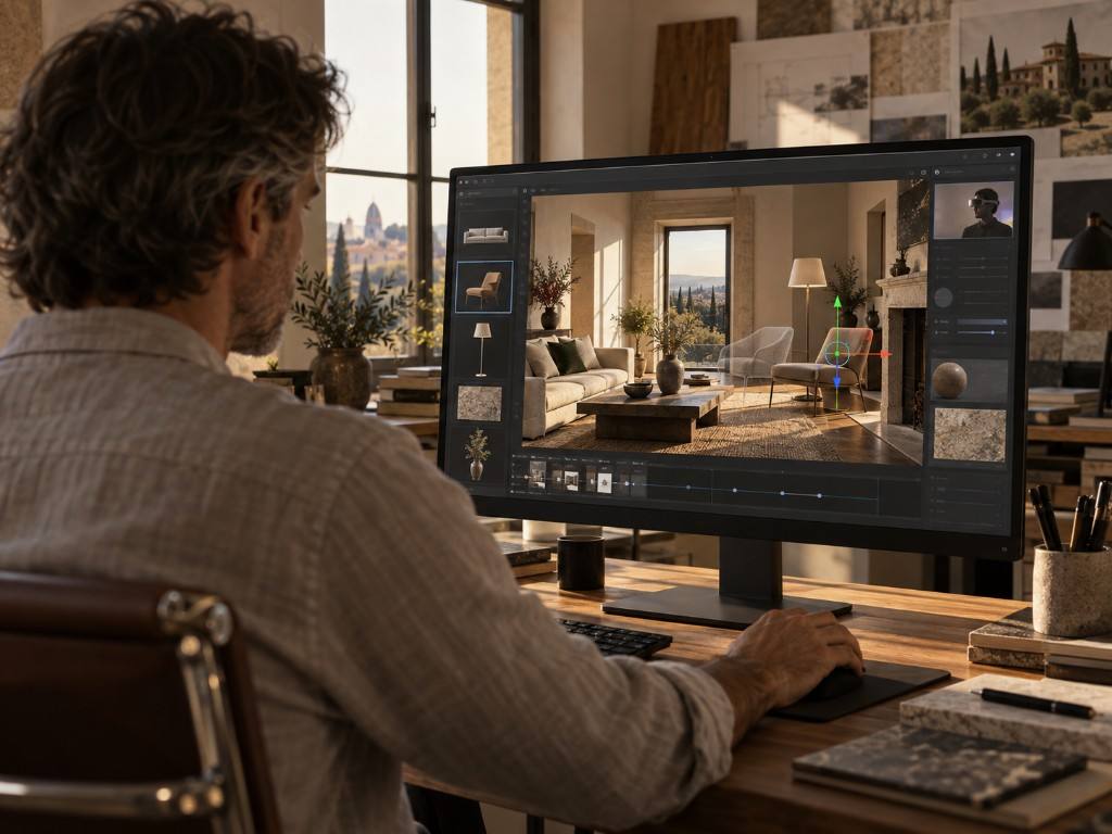 Architect at a desk in Padua, editing the digital twin in a 3D editor: furniture library, lighting and a live headset view