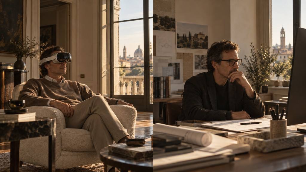 Co-design session in two places: the client in a headset at home, the architect at a desk in the Padua studio
