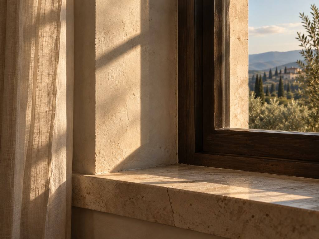 Window reveal as delivered: limestone sill, lime plaster, linen curtain