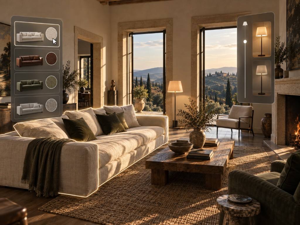 Inside the headset: sofa highlighted with fabric options, lighting choices floating beside the lamp