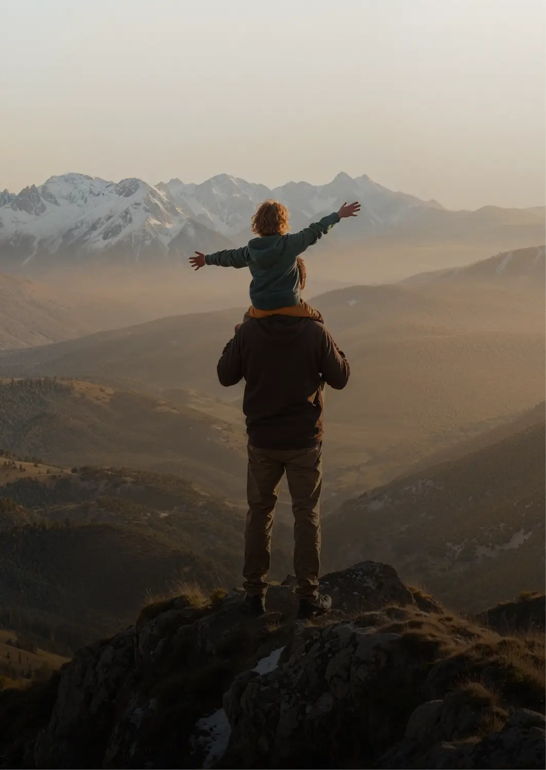 Child with arms outstretched sitting on adult's shoulders overlooking a mountain landscape at sunset.