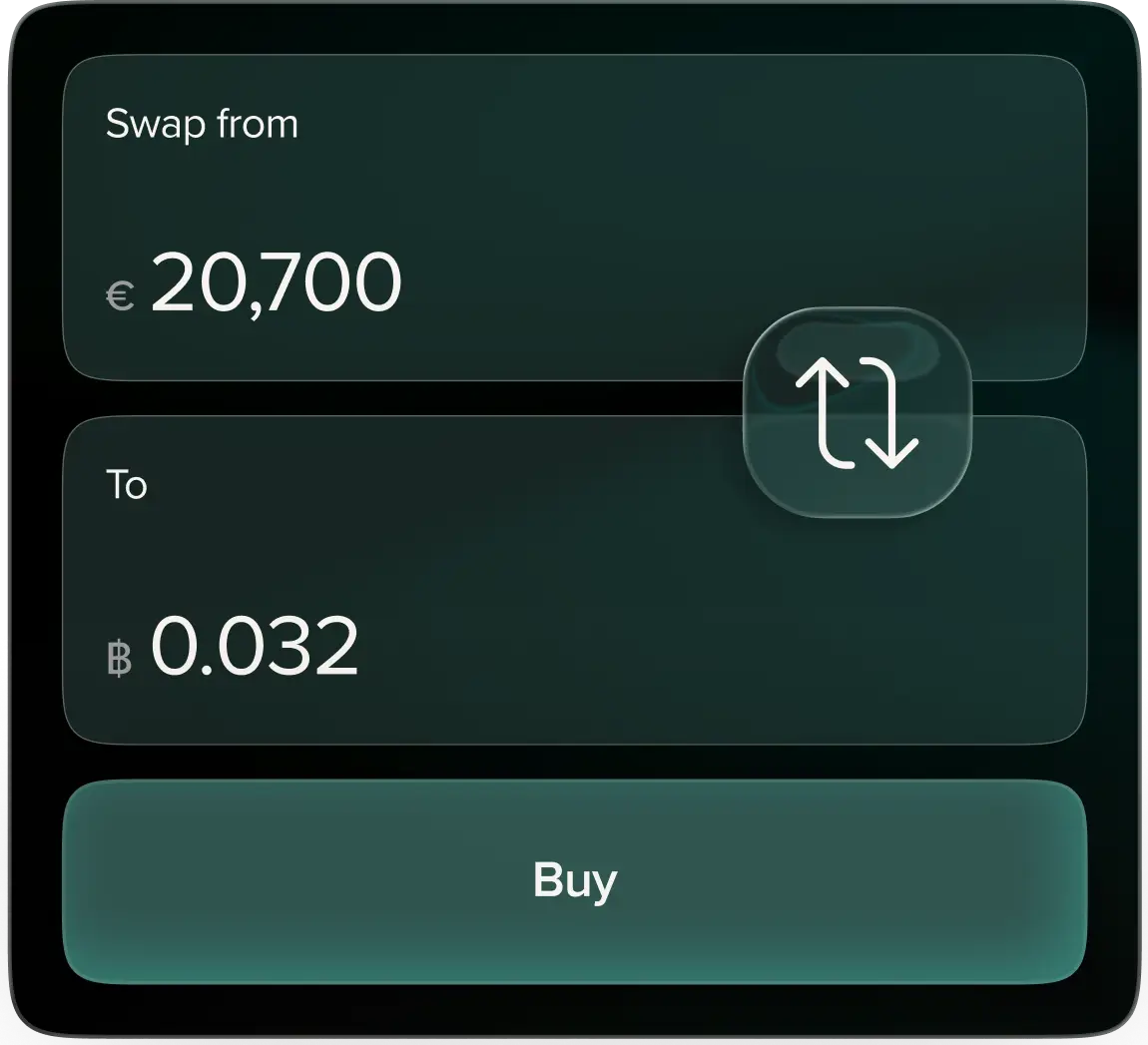 Interface showing currency conversion from 20,700 euros to 0.032 bitcoin with a swap button and a buy option.