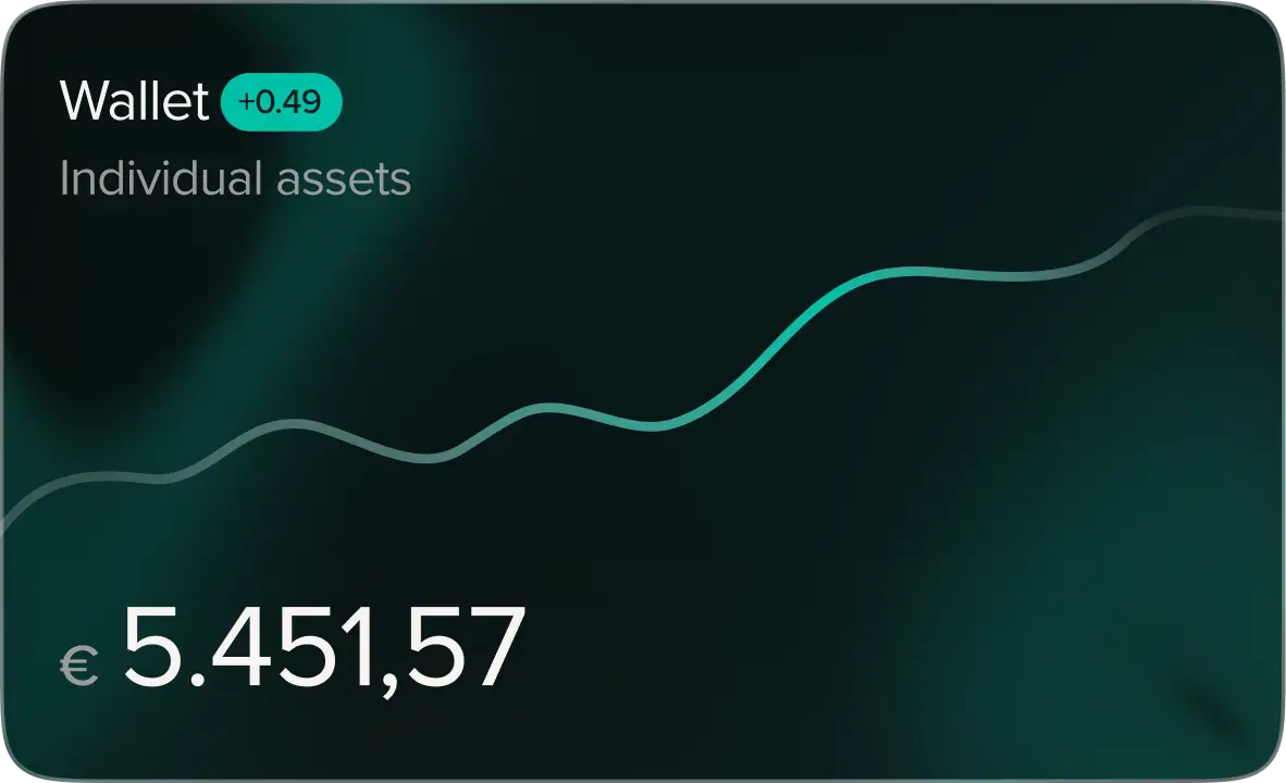 Digital wallet screen showing individual assets with a balance of €5,451.57 and a recent increase of 0.49.